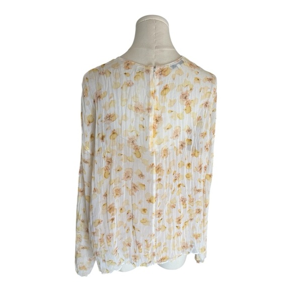 VINCE Pressed Petal Blouse Yellow Floral Pleated Crinkle Semi Sheer Top Shirt L - Picture 7 of 14